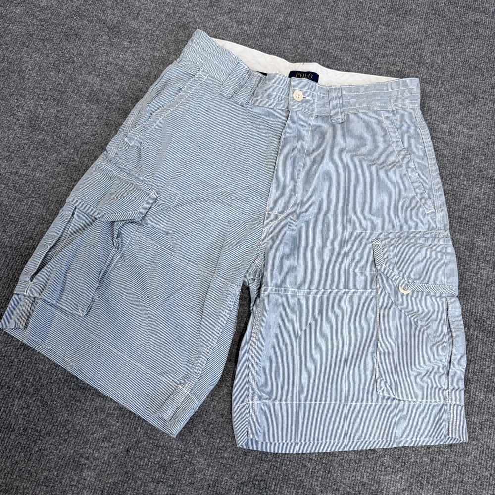 Polo Ralph Lauren Cargo Shorts Mens 31 Blue White Striped Seersucker Golf Preppy